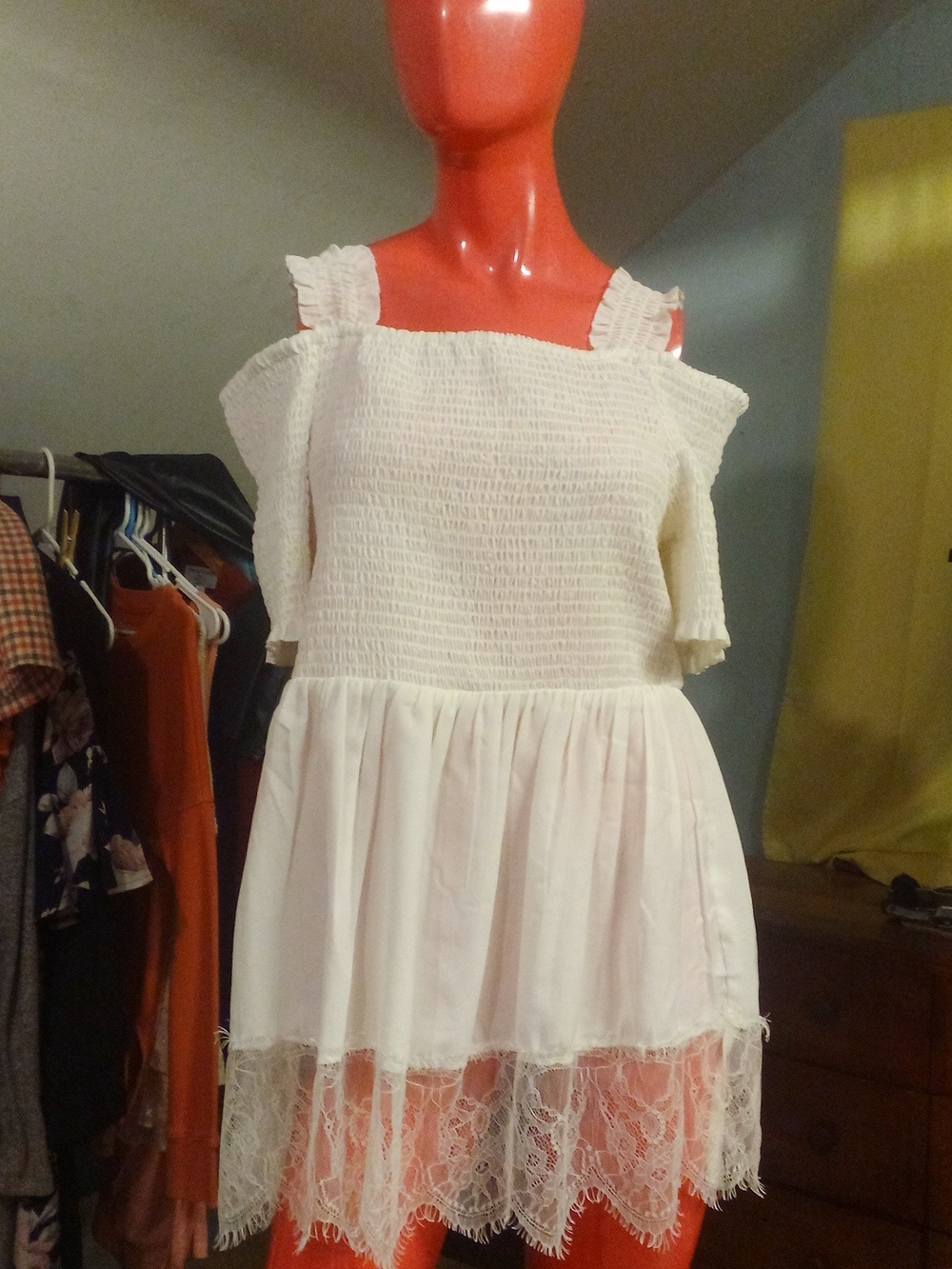 Girls White Smocked Cold-Shoulder Dress with Lace Hem